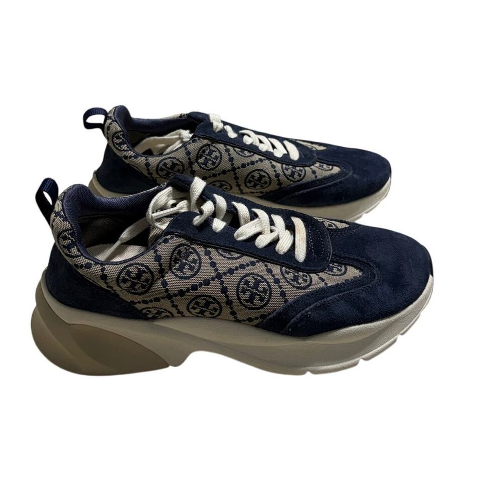 Tory Burch T Monogram Good Luck Trainer Sneakers Women's 9.5 Navy Gray Chunky